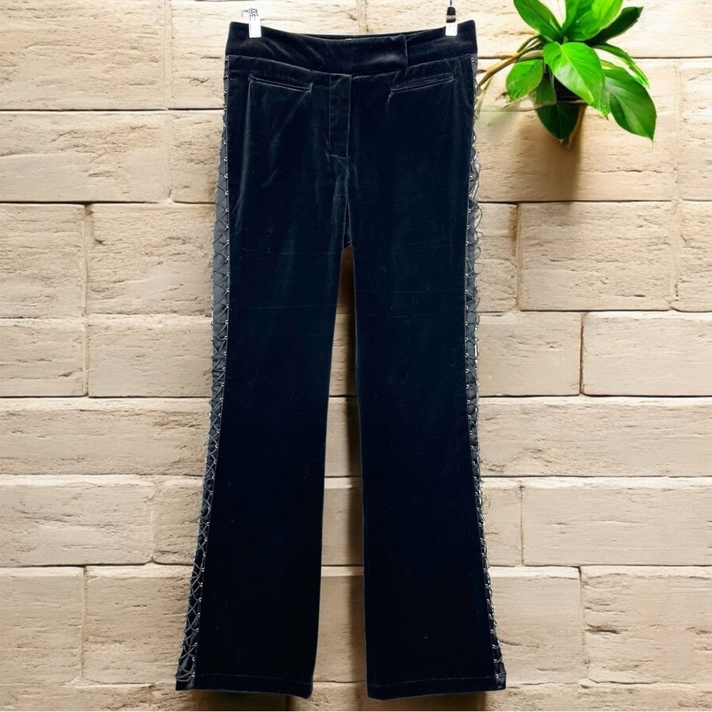 St. John Couture Vintage RARE Black Velour Velvet Silk Lined Side Lace Up Pants